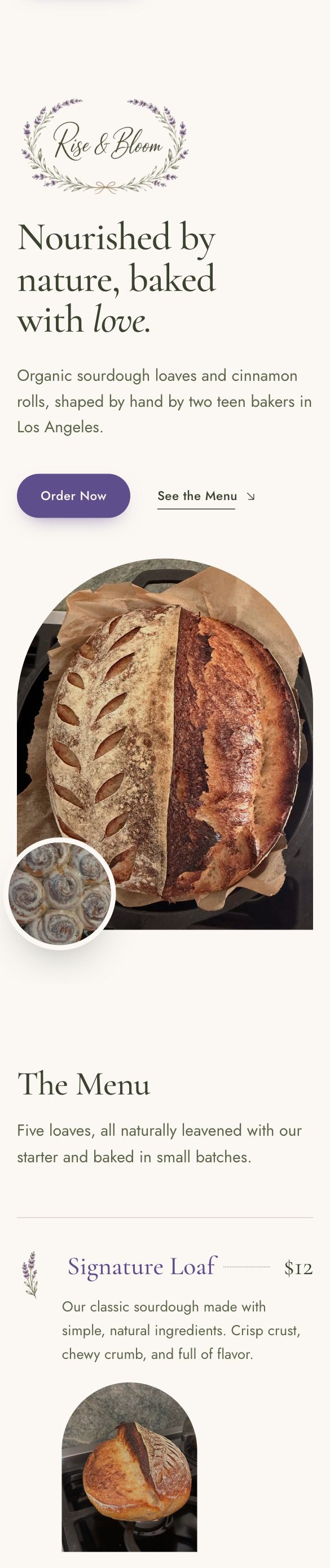 The Rise and Bloom website, top to bottom: their hero, the full menu with prices, sourdough cinnamon rolls, their story and online ordering